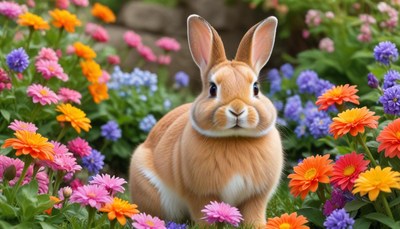 Rabbit among colorful flowers in garden