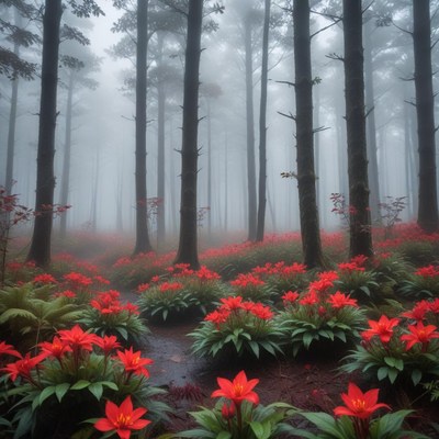 Misty forest with vibrant flowers