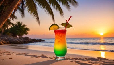 Tropical drink at sunset beach