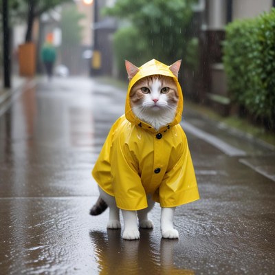 Cat in yellow raincoat on a rainy street