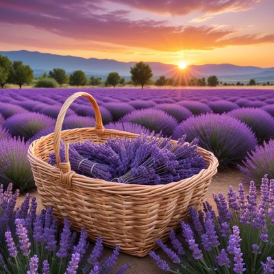 Lavender harvest at sunset in provence