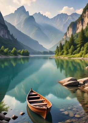 Serene lake with wooden boat near mountains