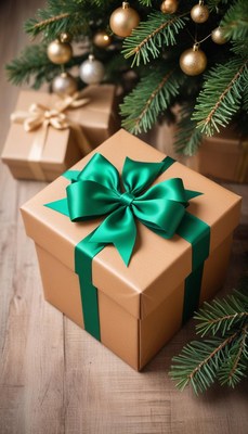 Beautifully wrapped gift under tree