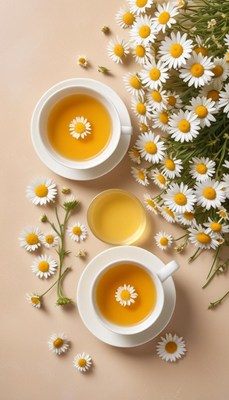 Bright chamomile tea with flowers
