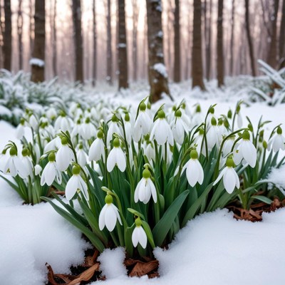 Snowdrops blooming in a winter forest