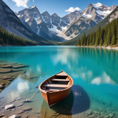 A serene boat on a turquoise lake