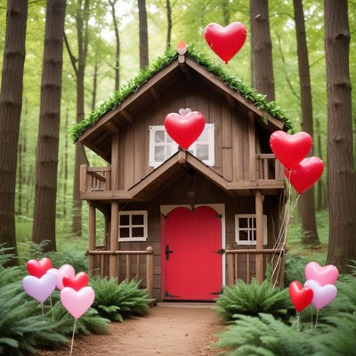 Charming heart-themed woodland cabin