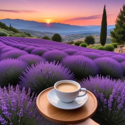 Enjoying coffee in lavender fields