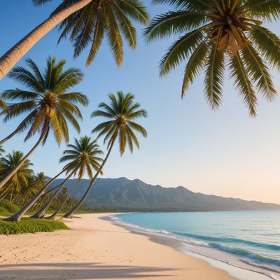 Serene beach at sunset with palm trees