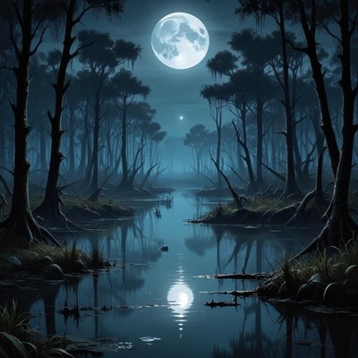 Mysterious moonlit swamp scene