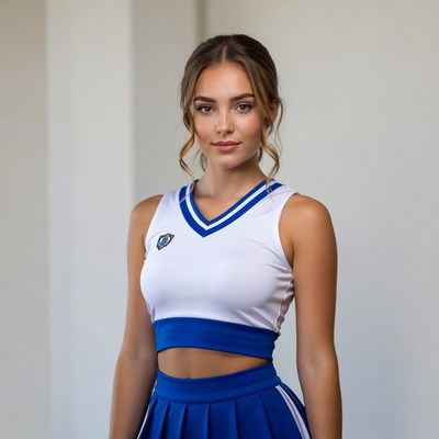 Cheerleader in blue and white uniform