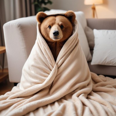 Bear wrapped in blanket at home