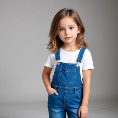 Young child in denim overalls poses