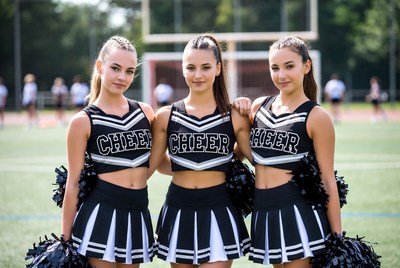 Cheerleaders pose on sports field
