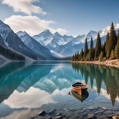 Serene lake with boat and mountains