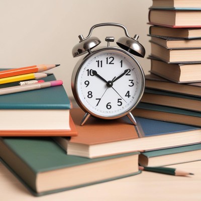 Vintage clock beside stacked books