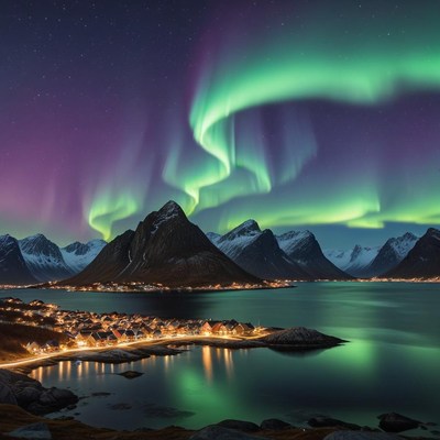 Northern lights over peaceful fjord