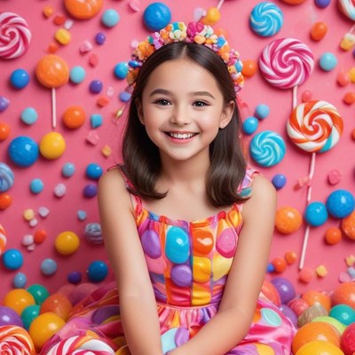 Girl in candy-themed setting smiles brightly