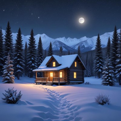 Cozy cabin in the snowy mountains at night