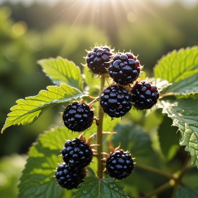 Blackberries growing in sunlight
