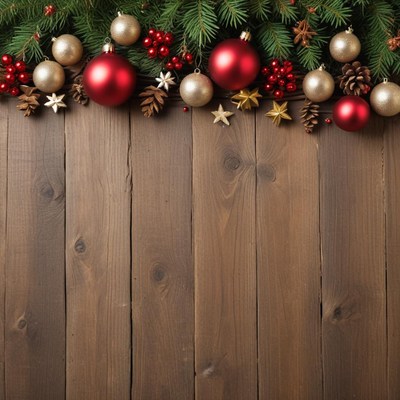 Festive holiday decorations on wooden surface