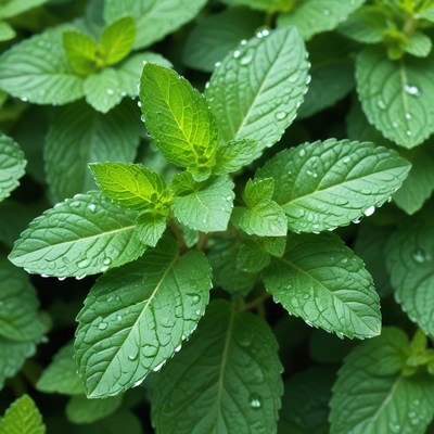 Fresh mint leaves with raindrops glistening