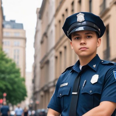 Young officer stands confidently in city