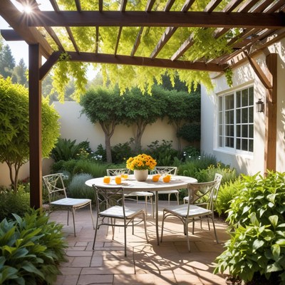 Sunny garden dining space with flowers