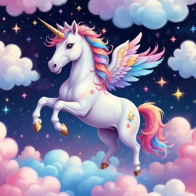 Magical unicorn flying in dreamy sky