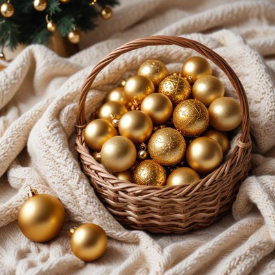 Golden ornaments in a cozy basket