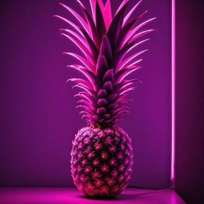 Bright neon pineapple display under purple light