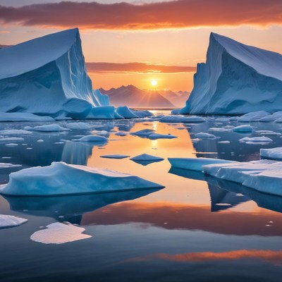 Sunset over icebergs in arctic waters