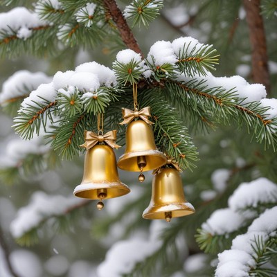 Golden bells hanging on snowy pine