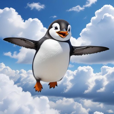 Happy penguin flying in the sky