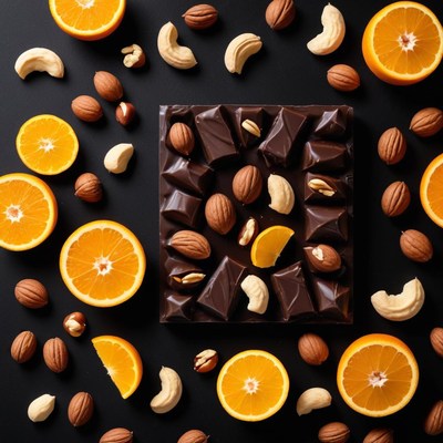 Beautifully arranged chocolate, nuts, oranges