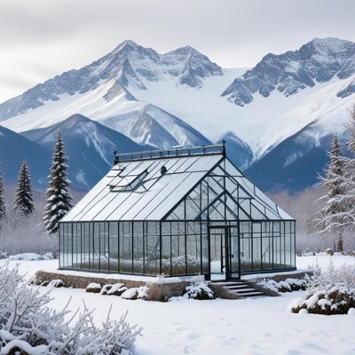 Beautiful greenhouse in winter landscape