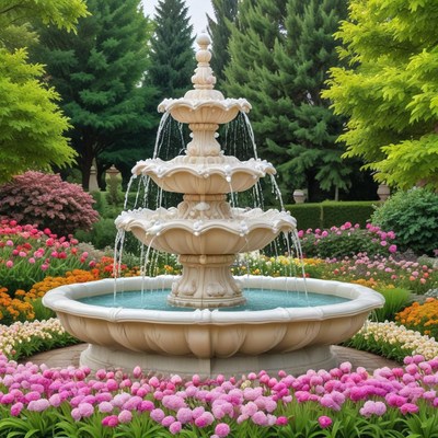 Elegant garden fountain in bloom