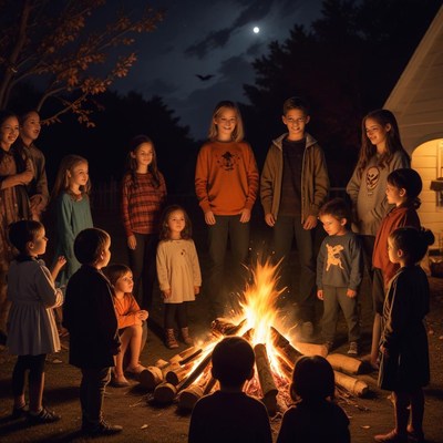 Children gather around a campfire at night