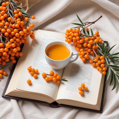 Tea and berries on a book