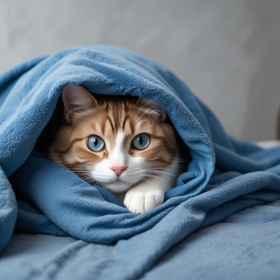 Cat relaxing under a blanket