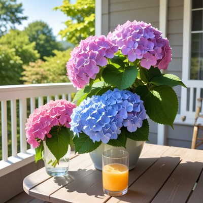 Beautiful hydrangeas on a sunny porch