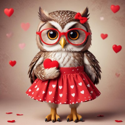 Owl in a red dress holding a heart