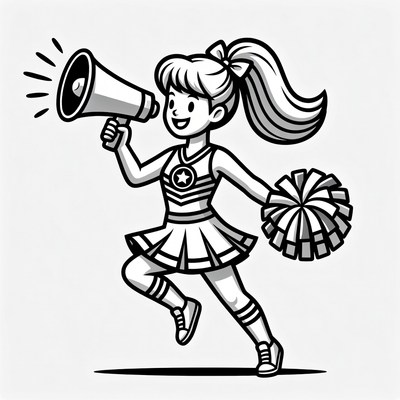 Cheerleader with megaphone and pom-poms