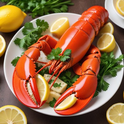 Fresh lobster served with lemon slices