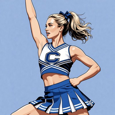 Cheerleader in blue costume performing
