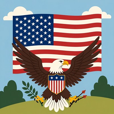 Eagle with flag in bright scene