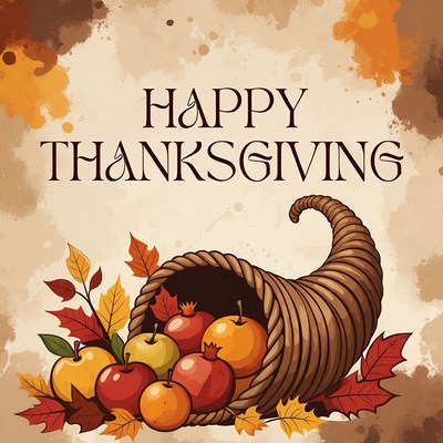 Thanksgiving cornucopia with autumn leaves