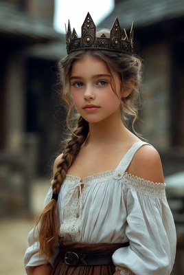 Young girl in crown at medieval setting