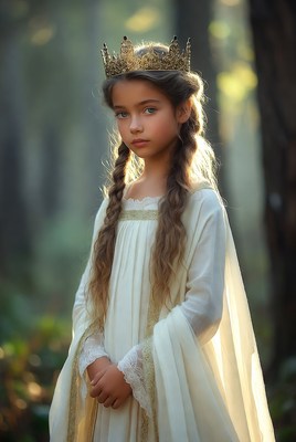 Young girl in crown among trees