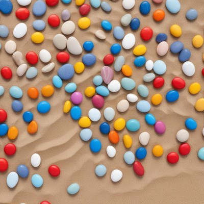 Colorful stones scattered on sandy surface